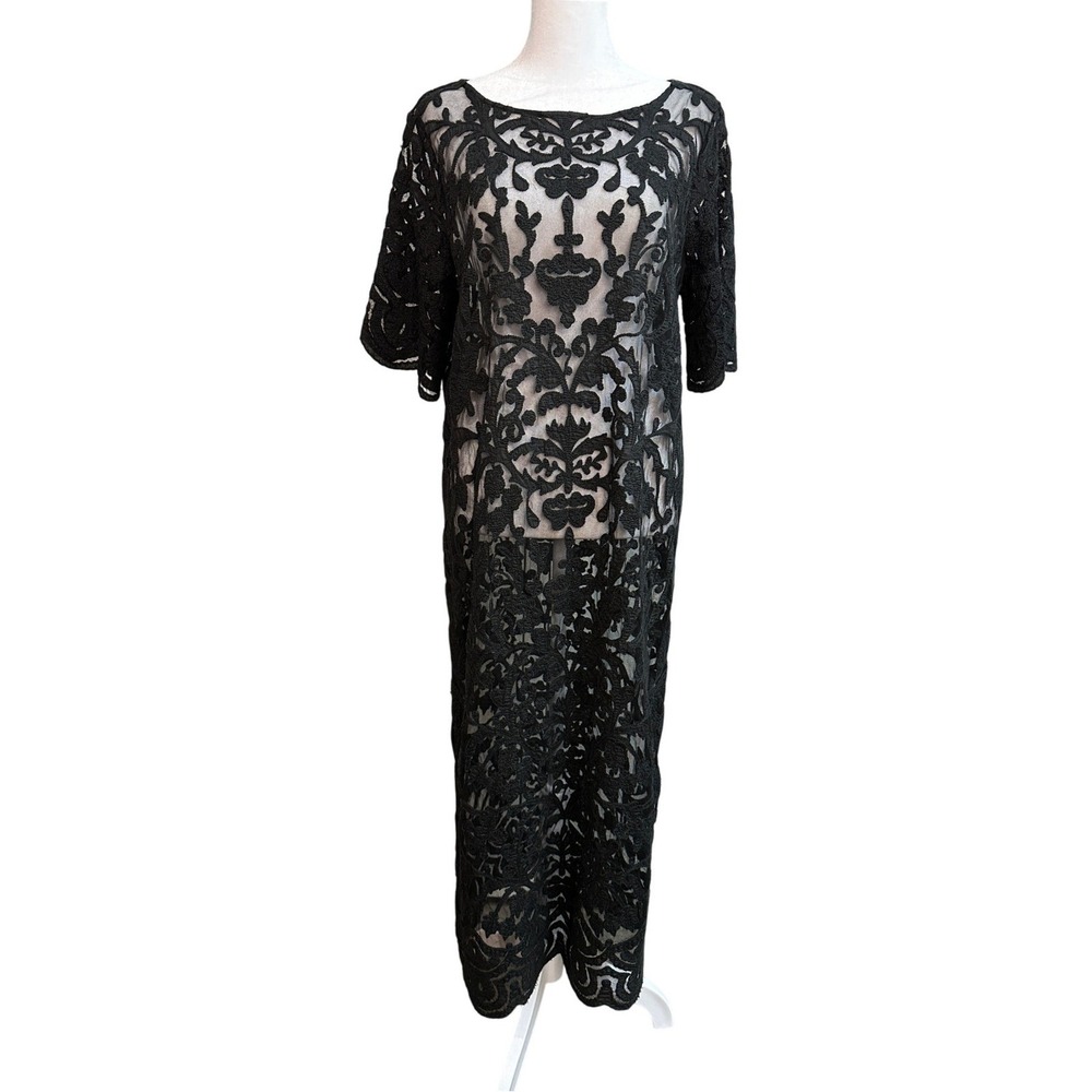 SUNO‎ Black Lace Overlay Maxi Dress Sheer Boat Neck Short Sleeve 8